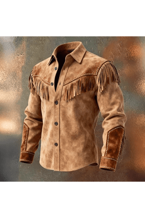Western Fringe Suede Jacket for men with Retro Texture and Collar Design, Stylish Fringe Suede Jacket for Fall Days Rodeo Events Country Concerts Ranch Work Weekend Outings Vintage Brown XL