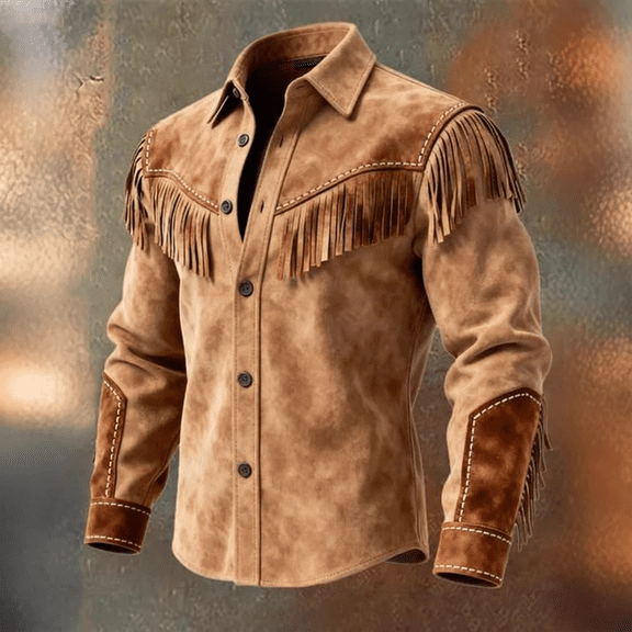 Western Fringe Suede Jacket for men with Retro Texture and Collar Design, Stylish Fringe Suede Jacket for Fall Days Rodeo Events Country Concerts Ranch Work Weekend Outings Vintage Brown XL