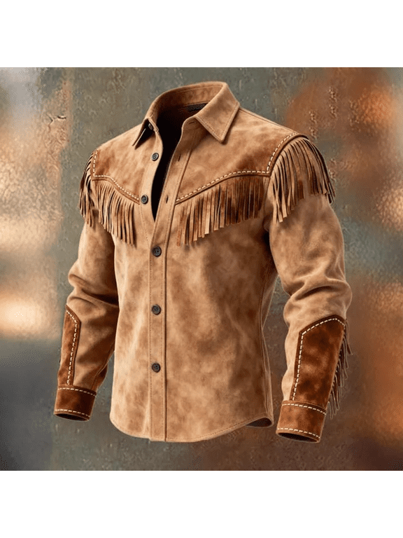 Western Fringe Suede Jacket for men with Retro Texture and Collar Design, Stylish Fringe Suede Jacket for Fall Days Rodeo Events Country Concerts Ranch Work Weekend Outings Vintage Brown XL