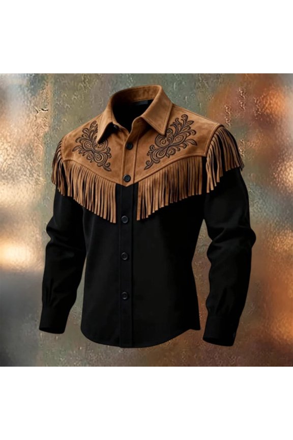 Western Fringe Suede Jacket for men with Retro Texture and Collar Design, Stylish Fringe Suede Jacket for Fall Days Rodeo Events Country Concerts Ranch Work Weekend Outings Vintage Black L