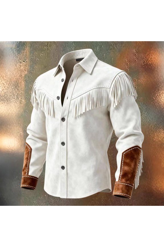 Western Fringe Suede Jacket for men with Retro Texture and Collar Design, Stylish Fringe Suede Jacket for Fall Days Rodeo Events Country Concerts Ranch Work Weekend Outings Vintage White XXXL