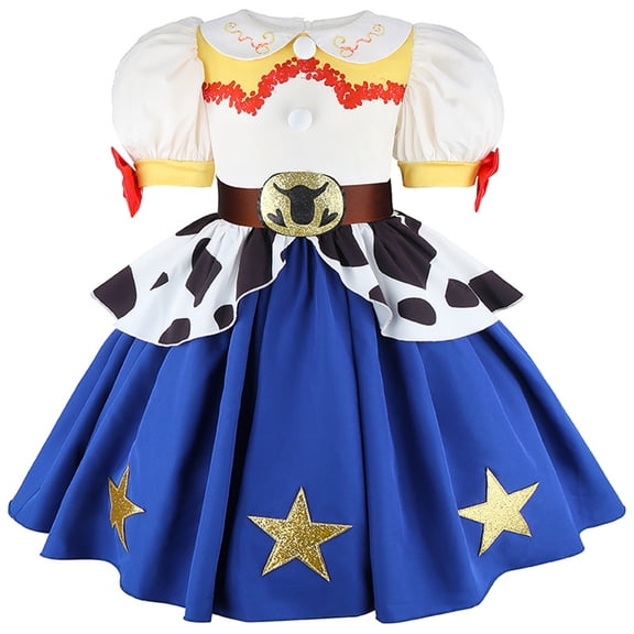 Western Frontier Sheriff Cowgirl Costume Dress with Cow Print and Gold Stars for Halloween Fancy Dress Party Cosplay Costumes