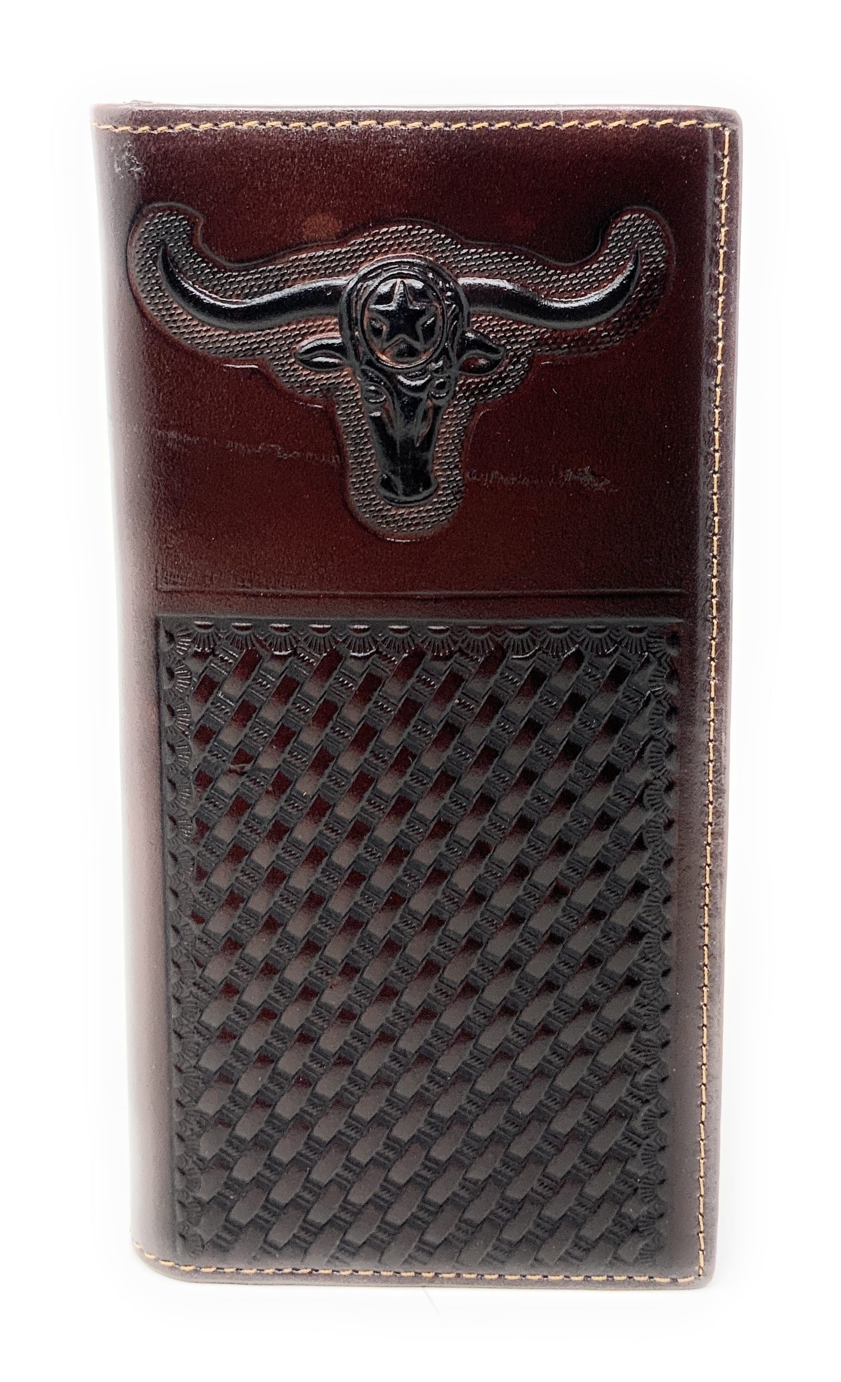 Western Genuine Leather Longhorn Bifold Wallet For Men - Basketweave Design, Coffee Brown, 13 Card Slots - View #9