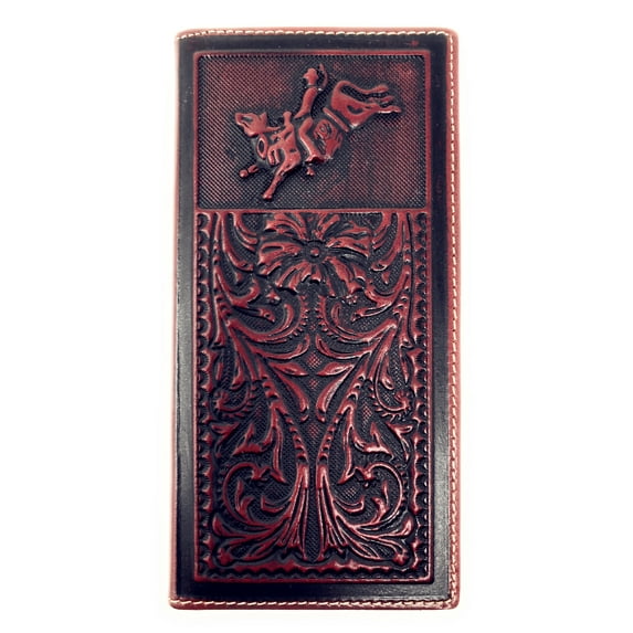 Western Genuine Leather Basketweave Floral Tooled Rodeo Mens Long Bifold Wallet