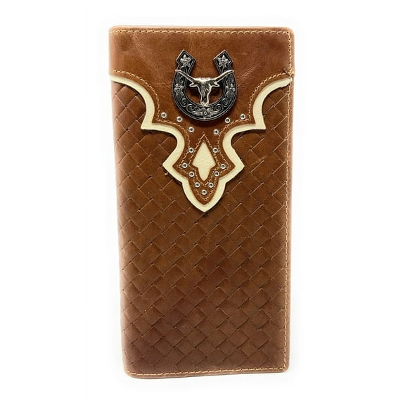 Western Genuine Leather Basketweave Longhorn Metal Concho Mens Long Bifold Wallet in 2 Color