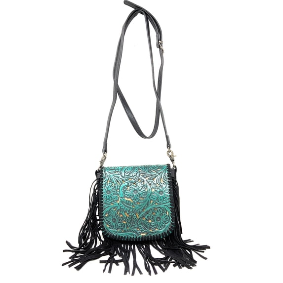 Western Genuine Leather Cowgirl Crossbody Messenger Fringe Laser Cut Purse Bag