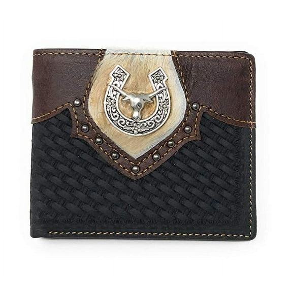 Western Genuine Leather Cowhide Cow Fur Longhorn Basketweave Mens Bifold Short Wallet
