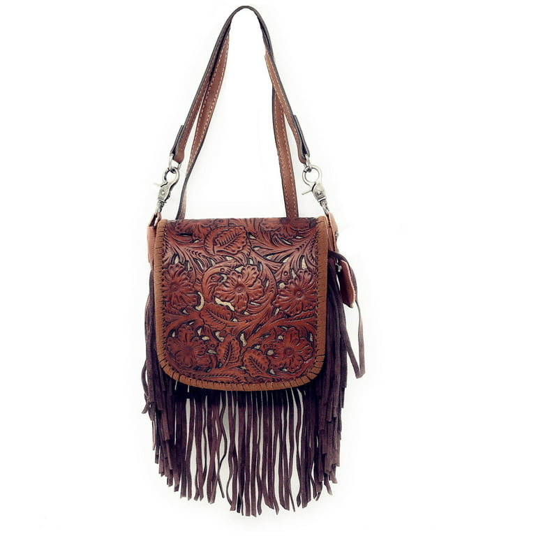 Texas West Western Genuine Leather Floral Tooled Fringe Womens Crossbody Bag in Multi Color, Women's, Brown