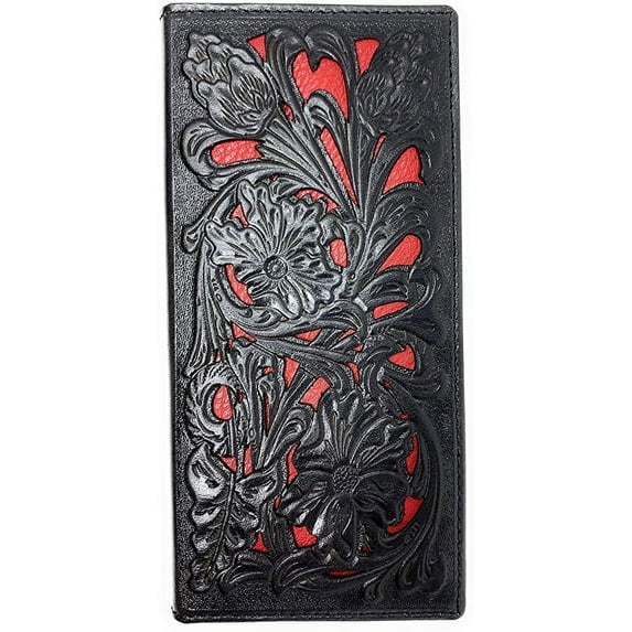 Western Genuine Leather Floral Tooled Laser Cut Mens Long Bifold Wallet in 8colors