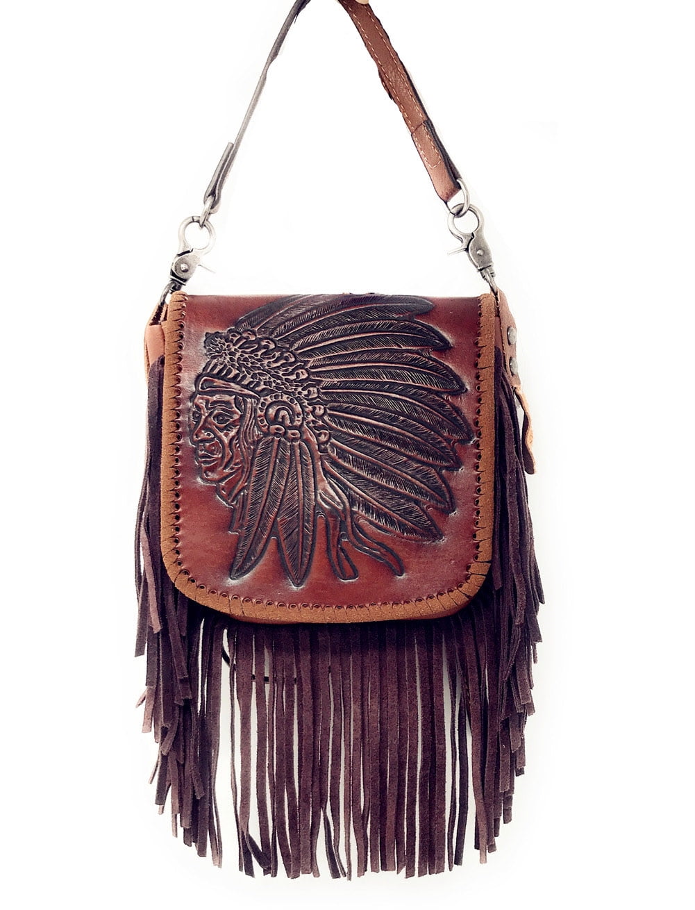 Texas West Western Genuine Leather Indian Head Cowgirl Crossbody Messenger Fringe Purse Bag, Women's, Size: Small, Brown