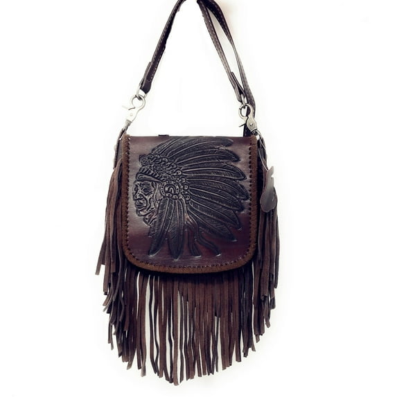 Western Genuine Leather Indian Head Cowgirl Crossbody Messenger Fringe Purse Bag