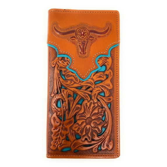 Western Genuine Leather Longhorn Tooled Laser Cut Men's Long Bifold Wallet in 6 colors
