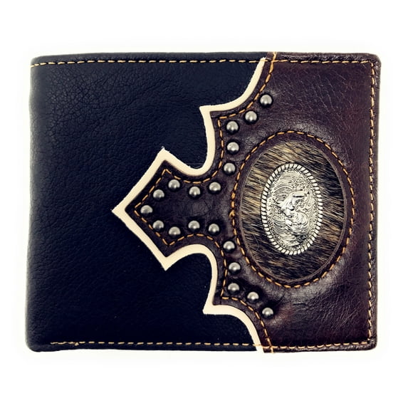 Western Genuine Leather Metal Rooster Concho Cowhide Mens Bifold Short Wallet