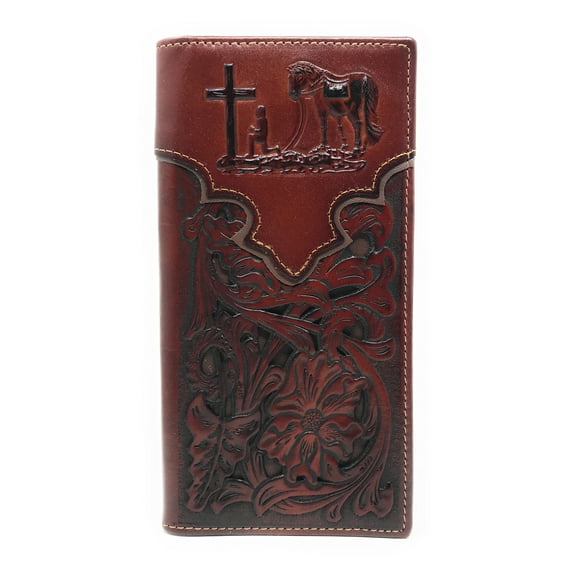 Western Genuine Leather Praying Cowboy Tooled Laser Cut Men's Long Bifold Wallet in 10 colors