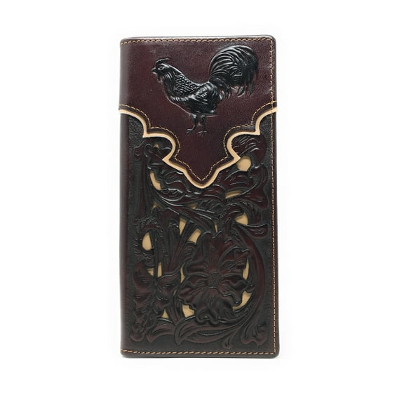 Western Genuine Leather Rooster Tooled Laser Cut Men's Long Bifold Wallet in 4 colors