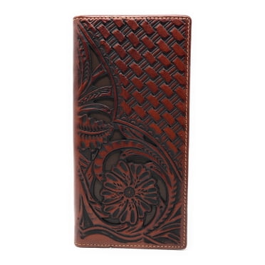 Men's Genuine Leather Bifold Wallet - Floral Tooled Laser Cut Woven Design, Long Bifold, Brown