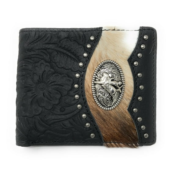 Western Genuine Tooled Leather Cowhide Cow Fur Mens Bifold Short Wallet in Multi Emblem
