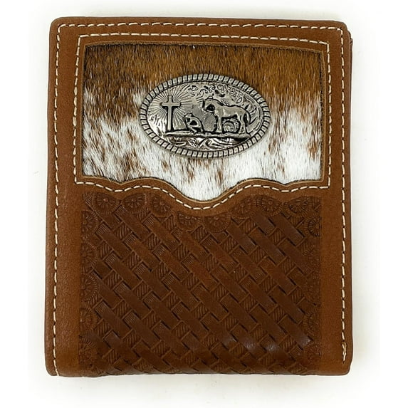 Western Genuine Tooled Leather Cowhide Cow Fur Mens Bifold Short Wallet in Multi Emblem