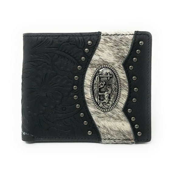 Western Genuine Tooled Leather Cowhide Cow Fur Praying Cowboy Mens Bifold Short Wallet