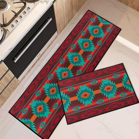 Western Geometric Home Kitchen Rugs and Mats Non Skid Washable Set of 2, Ethnic Tribal Kitchen Mats for Floor, Vintage Kitchen Runner Rug, Red Turquoise Kitchen Decor