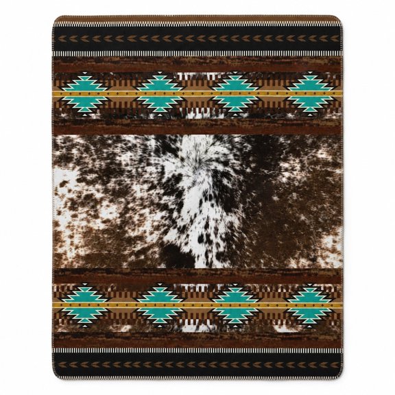 Western Geometric Print Polyester Fleece Blanket, Brown Cowhide Style Throw