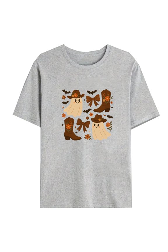 Western Ghost Cowboy T-Shirt for Women,Spooky Ranch Graphic Tee with Embroidered-Look Boots, Bows and Bats Print,Comfort Top,Classic,cotton,gray,S-3XL