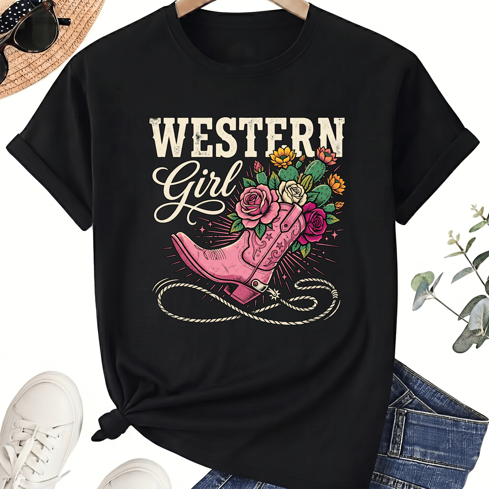 Western Girl Rose Boot Graphic Tee, Unisex Cotton Shirt