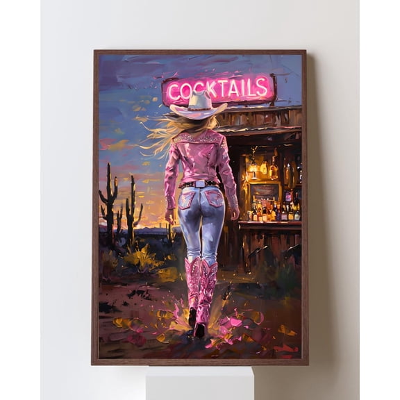 Western Glam Cowgirl Wall Art – Pink Cowgirl Boots Neon Bar Poster, Country Glam Desert Night, Rustic Western Decor, Unframed Poster Size 24x36