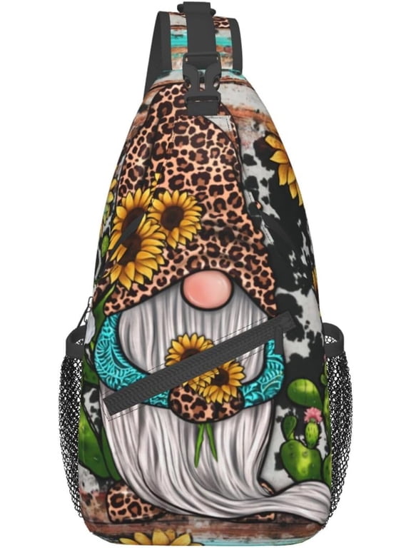 Western Gnome Sunflowers Turquoise Stones Sling Bag Crossbody Sling Backpack For Women Men Travel Hiking Daypack Chest Shoulder Bag, Black, SB-122