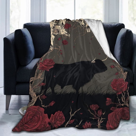 Western Gothic Highland Cow Blanket Dark Skull and Rose Design Soft Flannel Fleece Edgy Mystery Decor for Sofa Travel 50x40