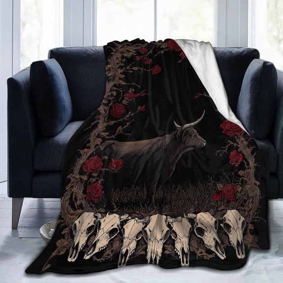 Western Gothic Highland Cow Blanket Dark Skull and Rose Design Soft Flannel Fleece Edgy Mystery Decor for Sofa Travel 50x40