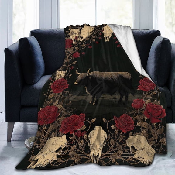 Western Gothic Highland Cow Blanket Dark Skull and Rose Design Soft Flannel Fleece Edgy Mystery Decor for Sofa Travel 50x40