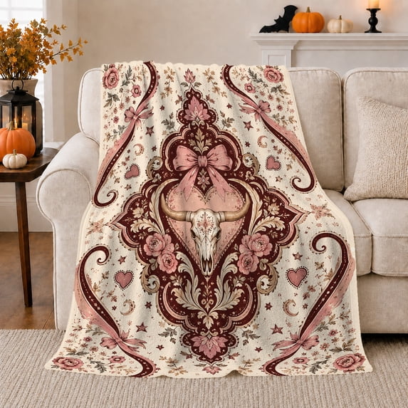 Western Gothic Motif Roses Romantic Baroque Design, Festive Holiday Scene, Warm Flannel Blanket for Living Room and Family Room, Art Lovers Christmas Gift, Festive Home Decor
