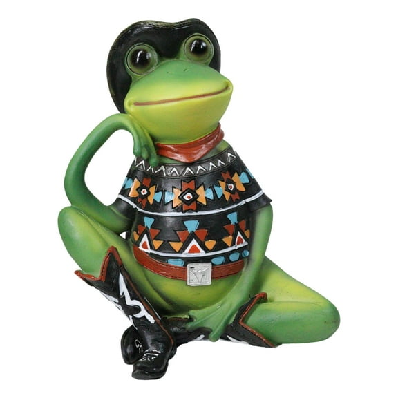 Western Green Cowboy Toad Frog with Black Hat Boots and Aztec Serape Figurine