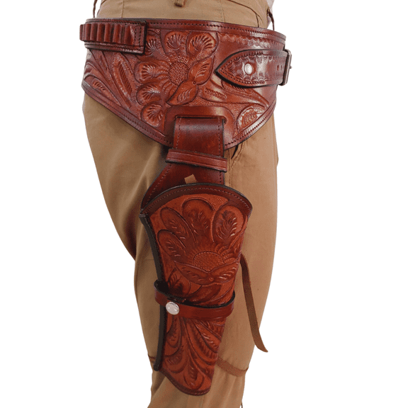 Western Gun Holster with Belt Handmade Genuine Leather Floral Tooled Cowboy Holster Rig