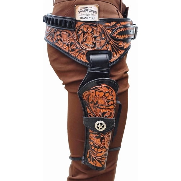 Western Gun Holster with Belt Handmade Genuine Leather Floral Tooled Cowboy Holster Rig