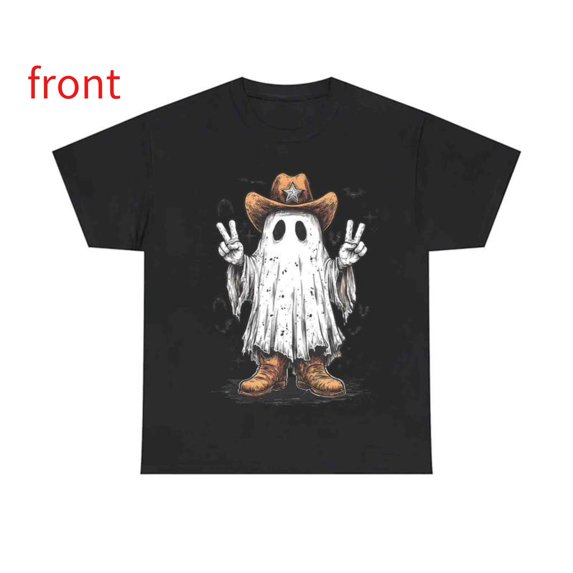 Western Halloween Cowboy Ghost T Shirt, Spooky Cowgirl Graphic Tees, Interesting design,Crew neck,Retro,cotton,black,S-5XL