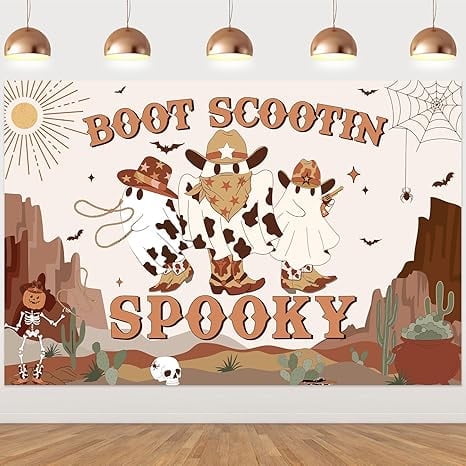 Western Halloween Decorations Boot Scootin Spooky Backdrop - 3.28ft x 4.92ft - Black and White - Vinyl Material - Includes 1 Backdrop - Perfect for Halloween, Birthday, Baby Shower