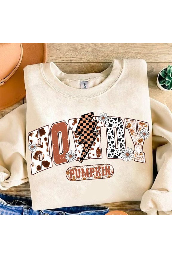 Western Halloween Sweater, Retro Halloween Pullover, Western Pumpkin Howdy Pumpkin Lighting Bolt Checkered Sweatshirt
