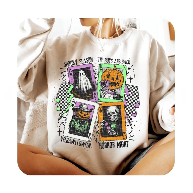 Western Halloween Sweatshirt Spooky Skeleton Cowboy Tee with Pumpkin and  Ace Cards  Retro Fall Outfit for the Halloween Season - Walmart.com