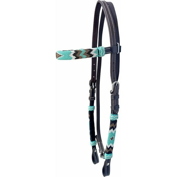 Western Hand Braided Pure Leather Headstall -Rawhide Knotting Stitched with Multi Color Beads Headstall(Brown)