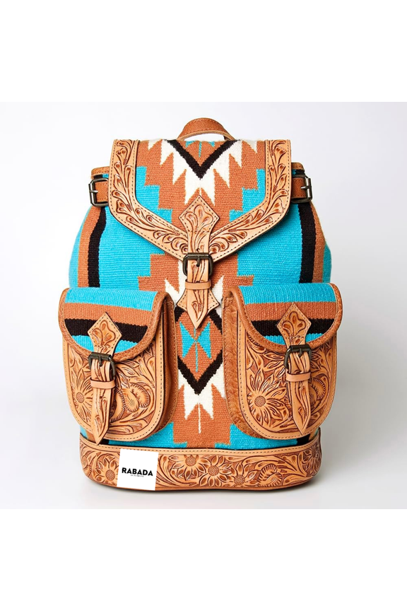 Western Hand Tooled Leather Handwoven Travel Utility Backpack with a laptop compartment