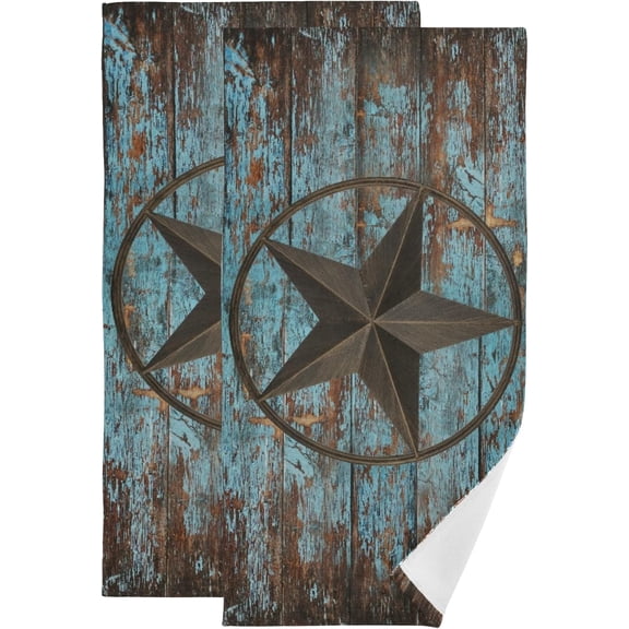 Western Hand Towels Set of 2,Rustic Country Barn Texas Star on Teal Wooden Plank Small Bath Towels Soft Absorbent Decorative Bathroom Hand Towels for Kitchen Dish Spa Yoga Guest 14.4"x28.3"