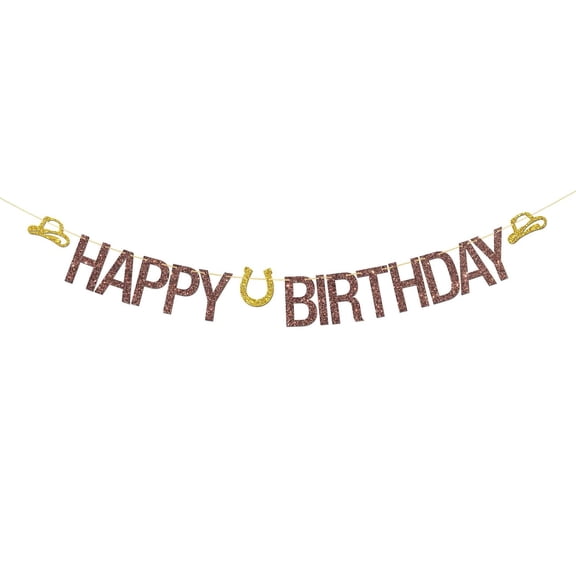 Western Happy Birthday Banner - Mexican Fiesta Theme Birthday Garland Bunting Supplies - Cowboy Party Decorations - Brown Glitter