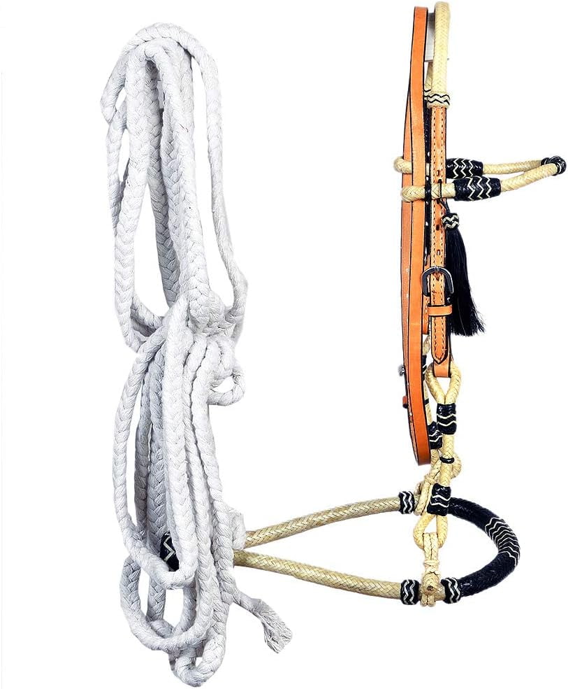 Western Headstall Horse Leather Rawhide Bosal Reins Bitless Tan