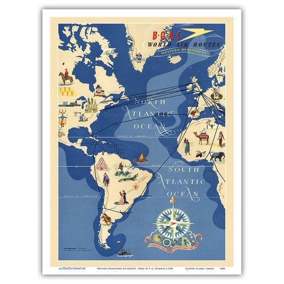 Western Hemisphere Air Routes - BOAC British Overseas Airways Corporation - Vintage Airline Travel Poster by E. O. Seymour c.1949 - Master Art Print (Unframed) 9in x 12in