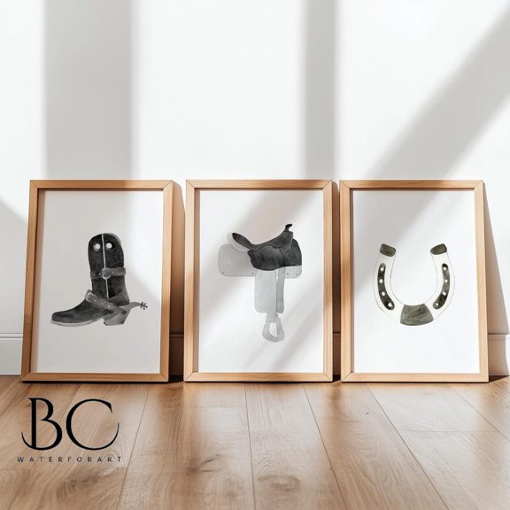 Western Heritage Cowboy Boot Saddle And Horseshoe Wall Art Prints For Rustic Room Decor Set 3 Stretched Canvas 8x12