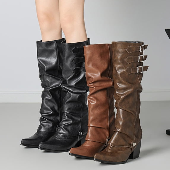 Western High Boots Thick Heel Fashionable Casual Belt Buckle Sweet Cool Design for Fall and Winter Outdoor and Leisure Activities