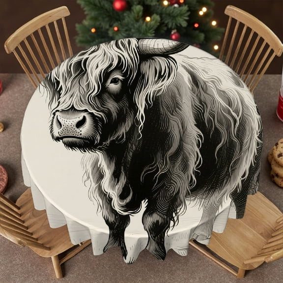 Western Highland Cow tablecloth round, Machine-Made - Holiday-Themed Design Family Round Tablecloth, Cafe, dinner, brunch, buffet, picnic
