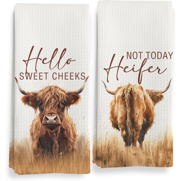 Western Hightland Cow Bathroom Decor Towels, Farmhouse Hello Sweet Cheeks Hand Towel Decorative Set, Christmas Bathroom Decor, Christmas Hightland Cow Lover Gifts Hand Dish Tea Towels 16x24in